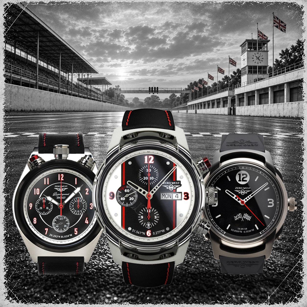 3 British Watches from Zero West's HiOctane motorsport range on a race track