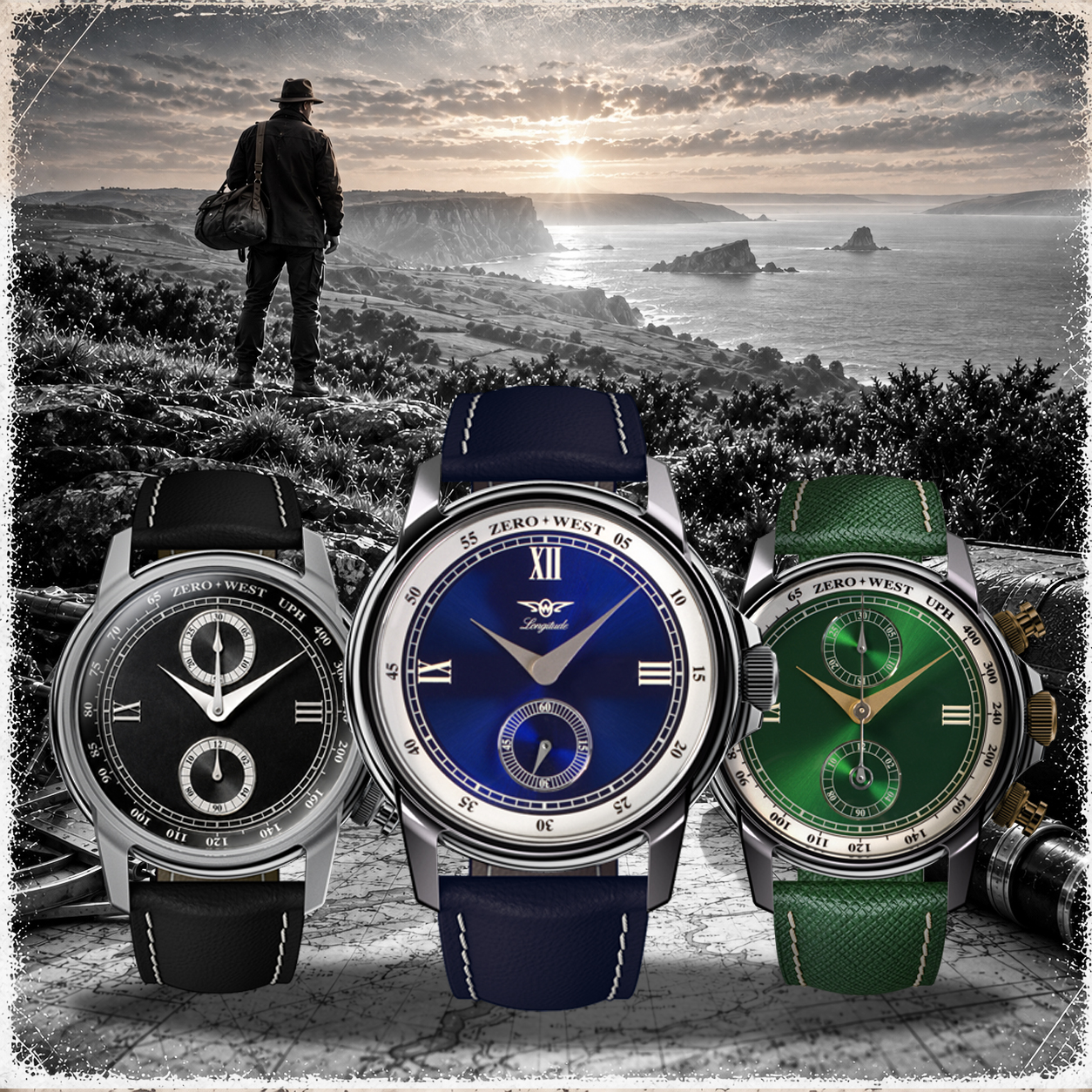 3 Longitude Watches infront of a view dedicated to land & marine travel and its rich heritage
