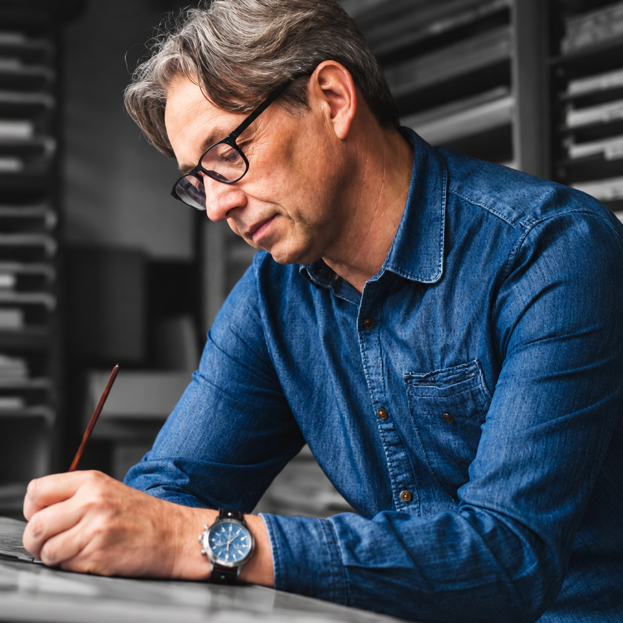 Man writing in a denim shirt